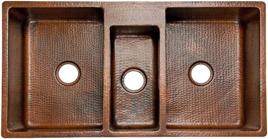 Premier Copper Products KTDB422210 42-Inch Hammered Copper Kitchen Triple Basin Sink, Oil Rubbed Bronze