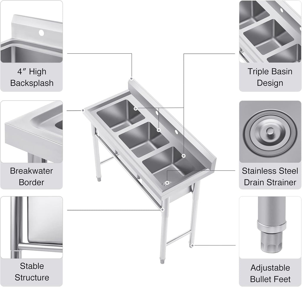 Wilprep Commercial Stainless Steel Sink with 3 Compartments, Free Standing Restaurant Sink Station with Strainer, Kitchen Prep & Utility Sink for Home Garage Bar, 39'' W × 17.7'' D × 37.4'' H, Silver