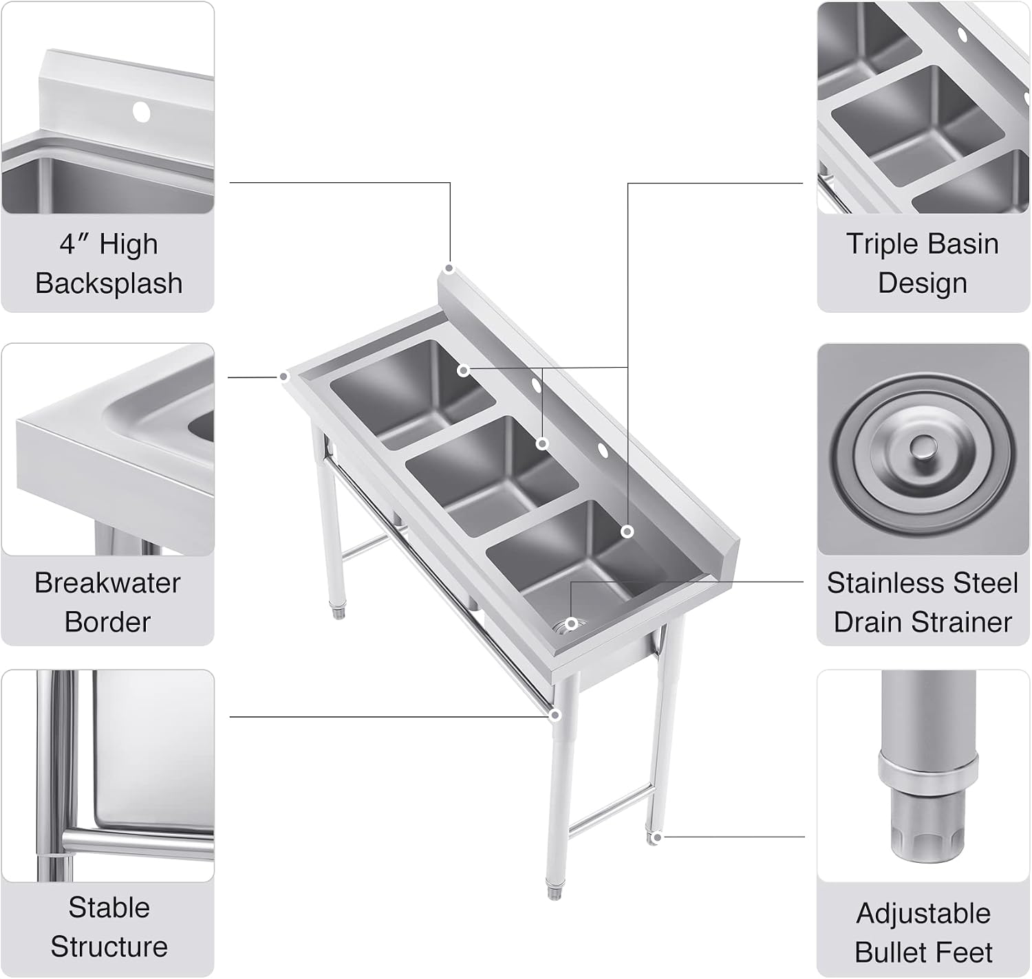 Wilprep Commercial Stainless Steel Sink with 3 Compartments, Free Standing Restaurant Sink Station with Strainer, Kitchen Prep & Utility Sink for Home Garage Bar, 39'' W × 17.7'' D × 37.4'' H, Silver