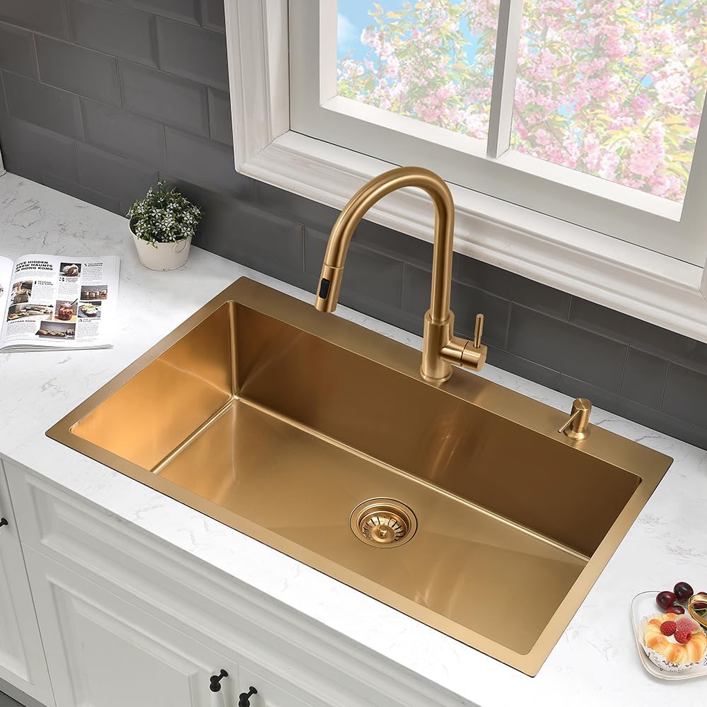 33 Inch Gold Drop In Kitchen Sink with Faucet Combo-VASOYO 33x22 Inch Gold Kitchen Sink with Faucet Combo Set Stainless Steel Deep Single Bowl Topmount Sinks and Faucets