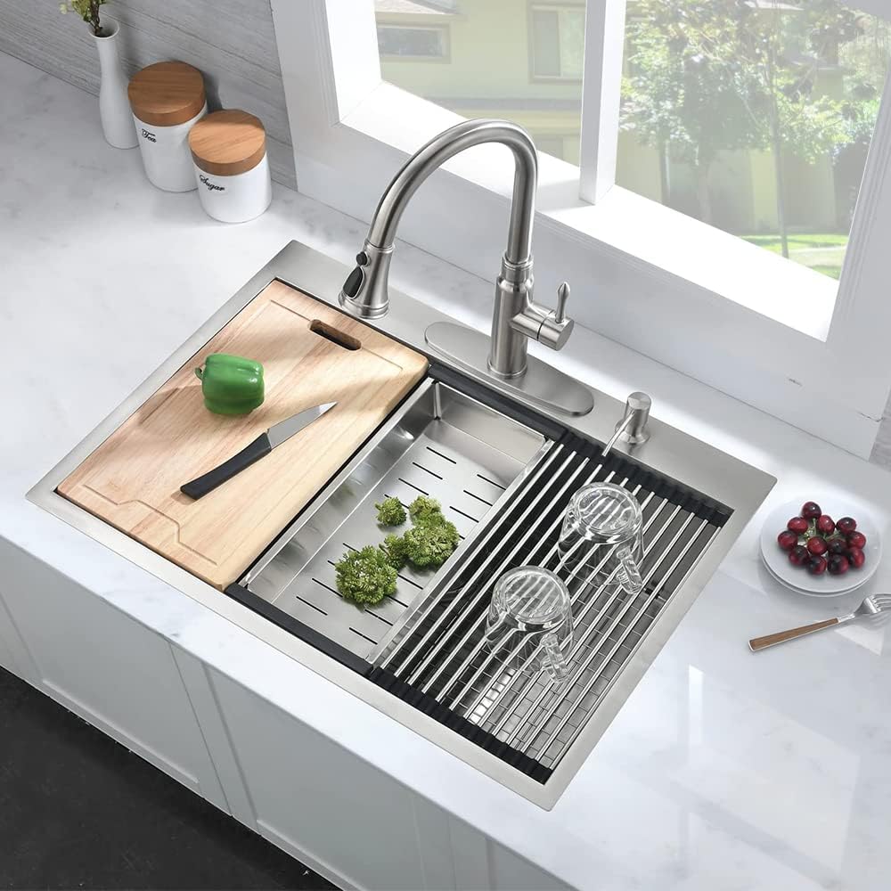 30 Inch Drop In Kitchen Sink, 30x22 Single Bowl Stainless Steel Kitchen Sink Drop in Workstation 16 Gauge Handmade with Cutting Board