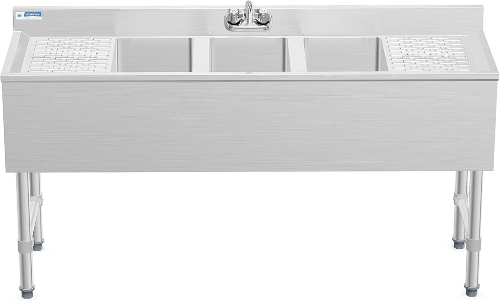 ROVSUN NSF 3 Compartments Bar Sink, Commercial Stainless Steel Underbar Sink with Double Drainboard, Freestaning Large for Kitchen, Bar, Laundry, Garage Use, 60 L x 33 W x 18.4 H