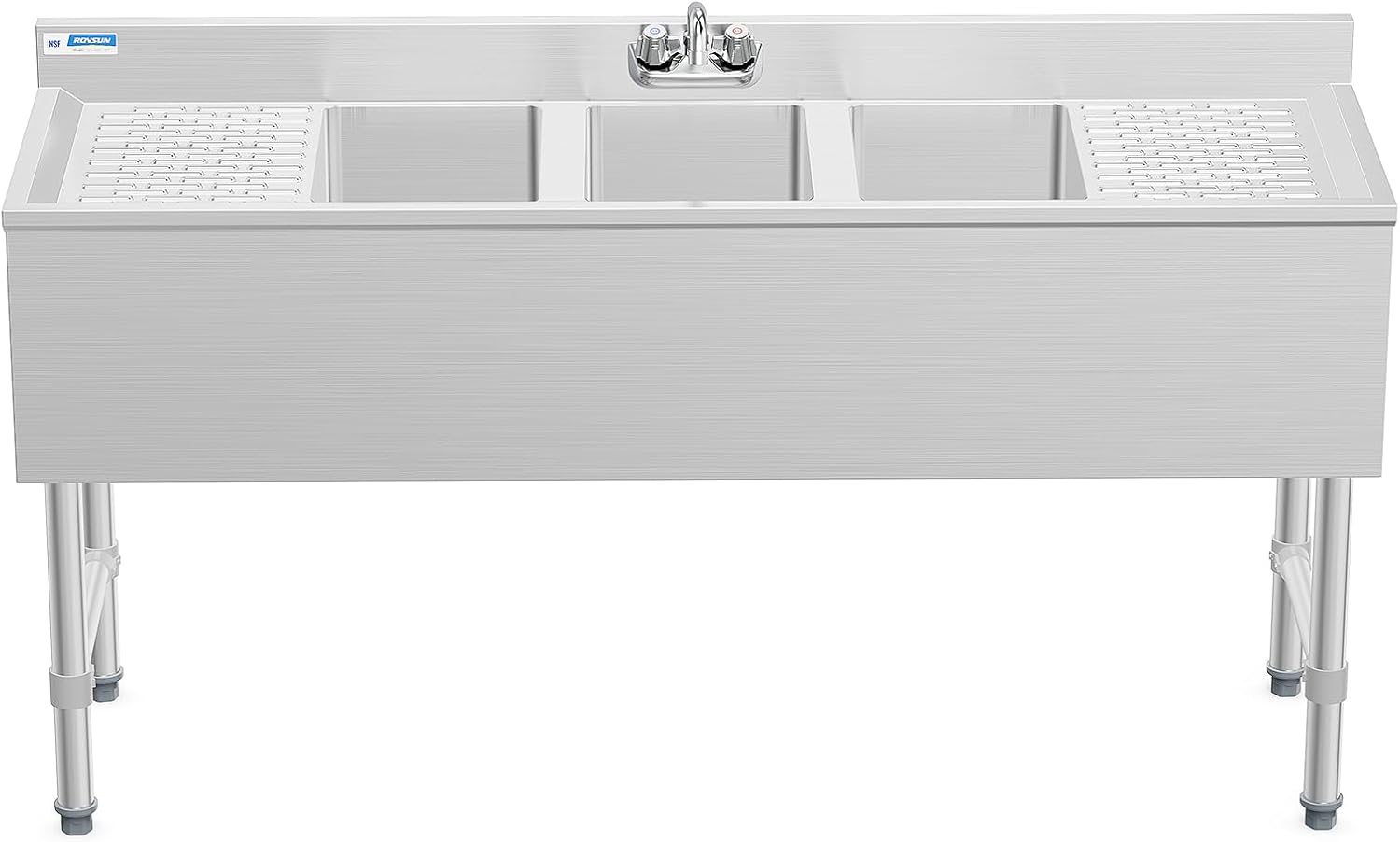 ROVSUN NSF 3 Compartments Bar Sink, Commercial Stainless Steel Underbar Sink with Double Drainboard, Freestaning Large for Kitchen, Bar, Laundry, Garage Use, 60 L x 33 W x 18.4 H