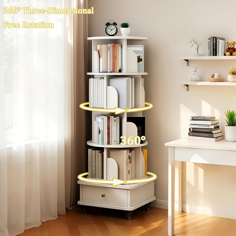 360° Rotating Bookshelf with Drawer and Wheels, 5 Tier Tall Bookcase for Small Spaces, Corner Shelf for Bedroom, Living Room, Office, Wood Bookshelf, White