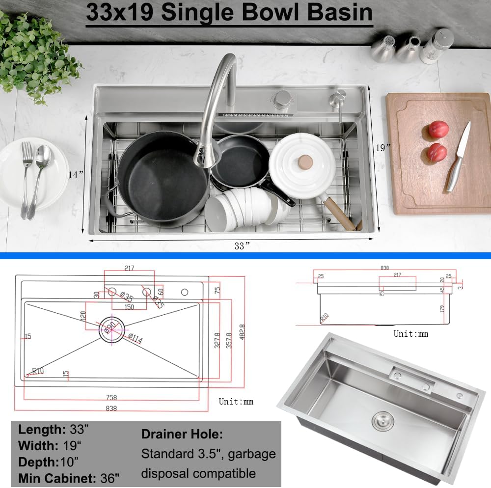 33 Inch Undermount Waterfall Kitchen Sink, 33x19 Undermount Kitchen Sink Stainless Steel Kitchen Sink with Faucet 16 Gauge Single Bowl Multifunctional Kitchen Sink