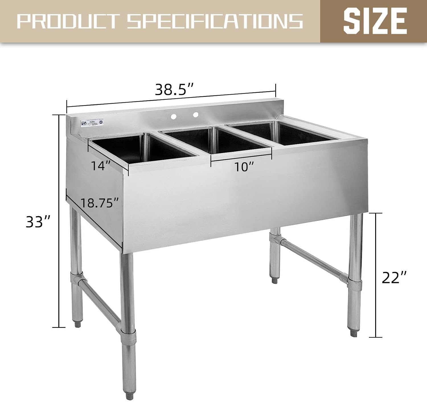 HALLY 3 Compartment Sink of Stainless Steel NSF Commercial Utility Basin with 10' L x 14' W x 10' D Bowl for Bar, Restaurant, Kitchen, Hotel and Home