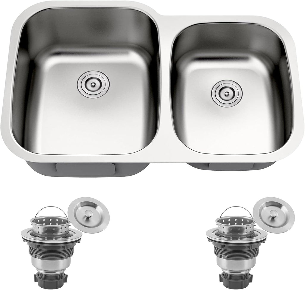 32 Inch Undermount 60/40 Double Bowl Kitchen Sink, 18 Gauge 304 Stainless Steel Curved Shape Deep Kitchen Sinks, Strainer Included, 32' x 20' x 9'