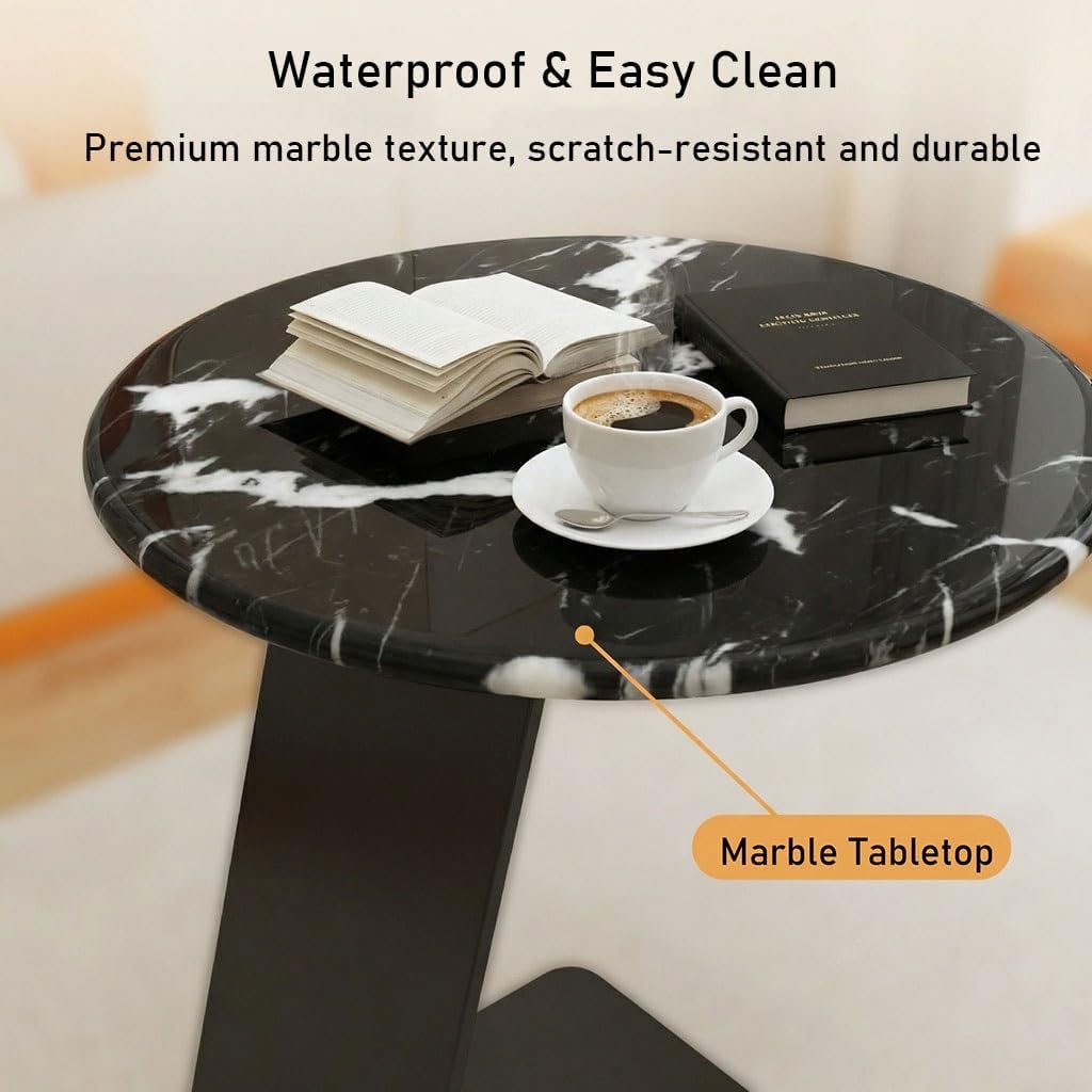 25.5-Inch High C-Shaped End Table with Marble Top & Black Metal Frame, Modern Space-Saving Sofa Side Table for Living Room, Bedroom, Small Spaces(C)