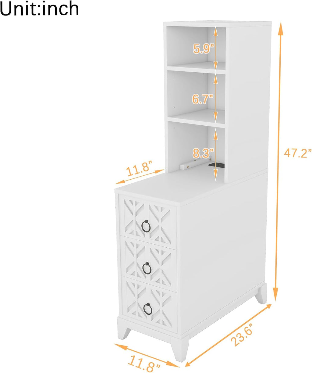Mirightone Tall End Table with 3-Drawer and Shelves, Narrow Side Table with Charging Station, High Slim Corner Cabinet Bedside Table with Storage Bookcase for Living Room Bedroom, White