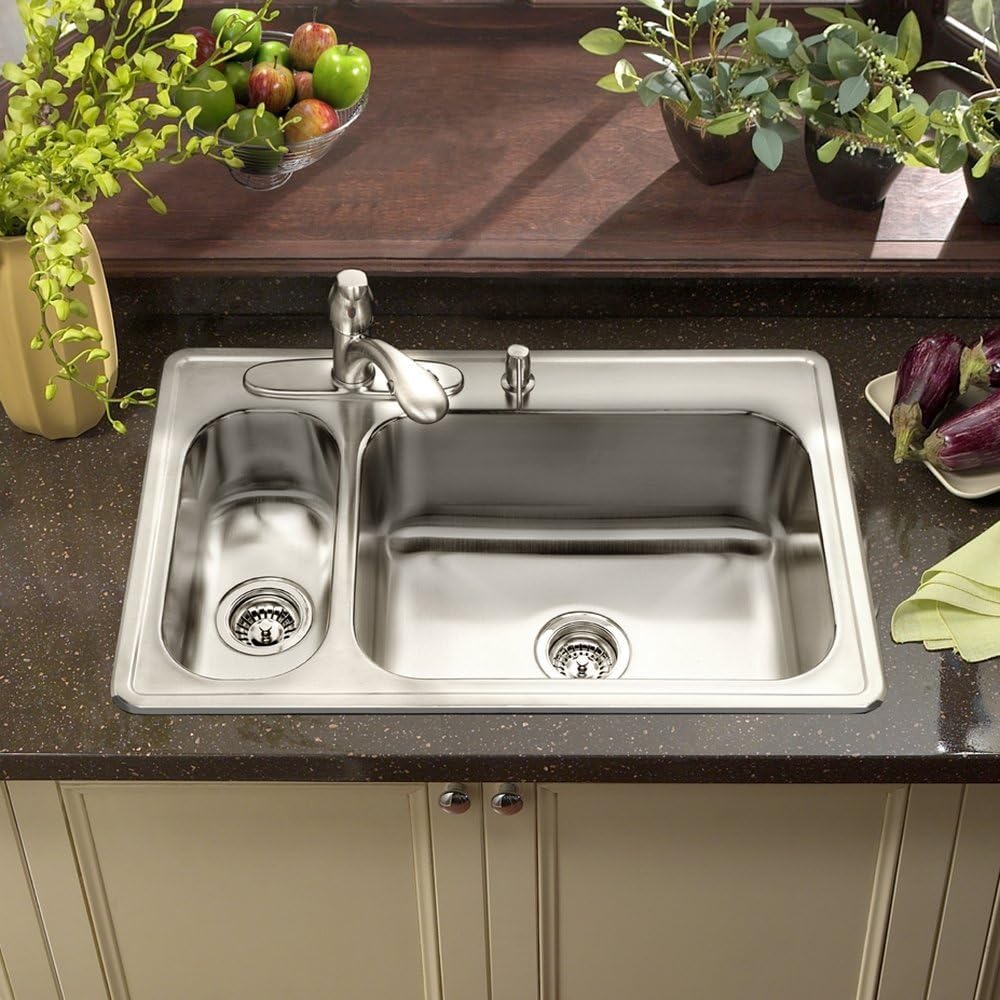 Houzer Legend 33 inch Stainless Steel Topmount 4-hole 80/20 Double Small Left Bowl Kitchen Sink with Strainer - LHD-3322-1