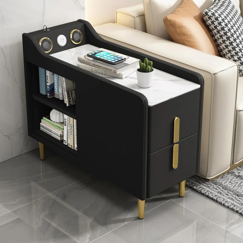 LOVEDIMA Narrow Bedside Table, Slim End Tables with Built-in Outlets, Sintered Stone Top End Table with Speaker & USB Port, Skinny Table for Small Spaces Living Room, Bedroom