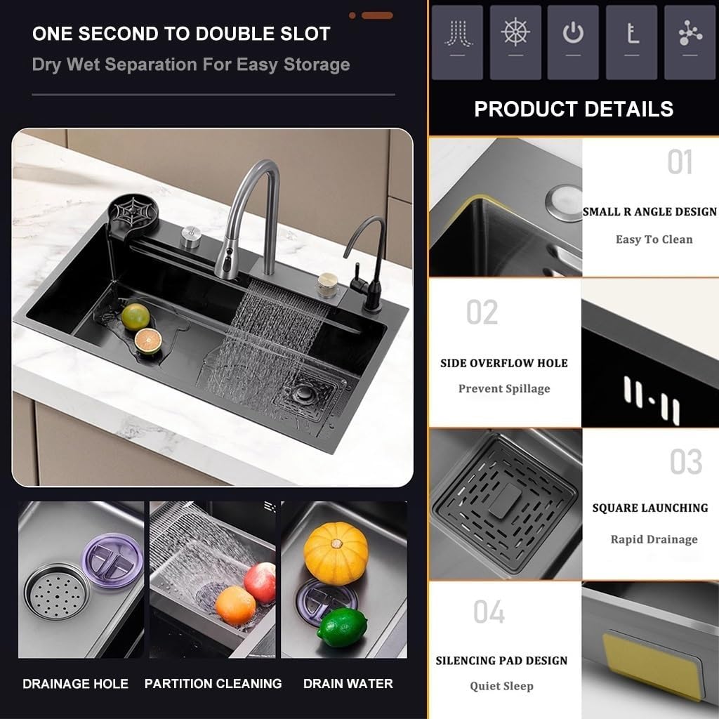 Stainless Steel Single-Bowl Kitchen Sink Multi-functional Waterfall Sink Nano-Coated Workstation Sink with Waterfall Pull-Down Faucet and Complete Accessory Set (Size : 68x45x22cm) ( 68x45x22cm)