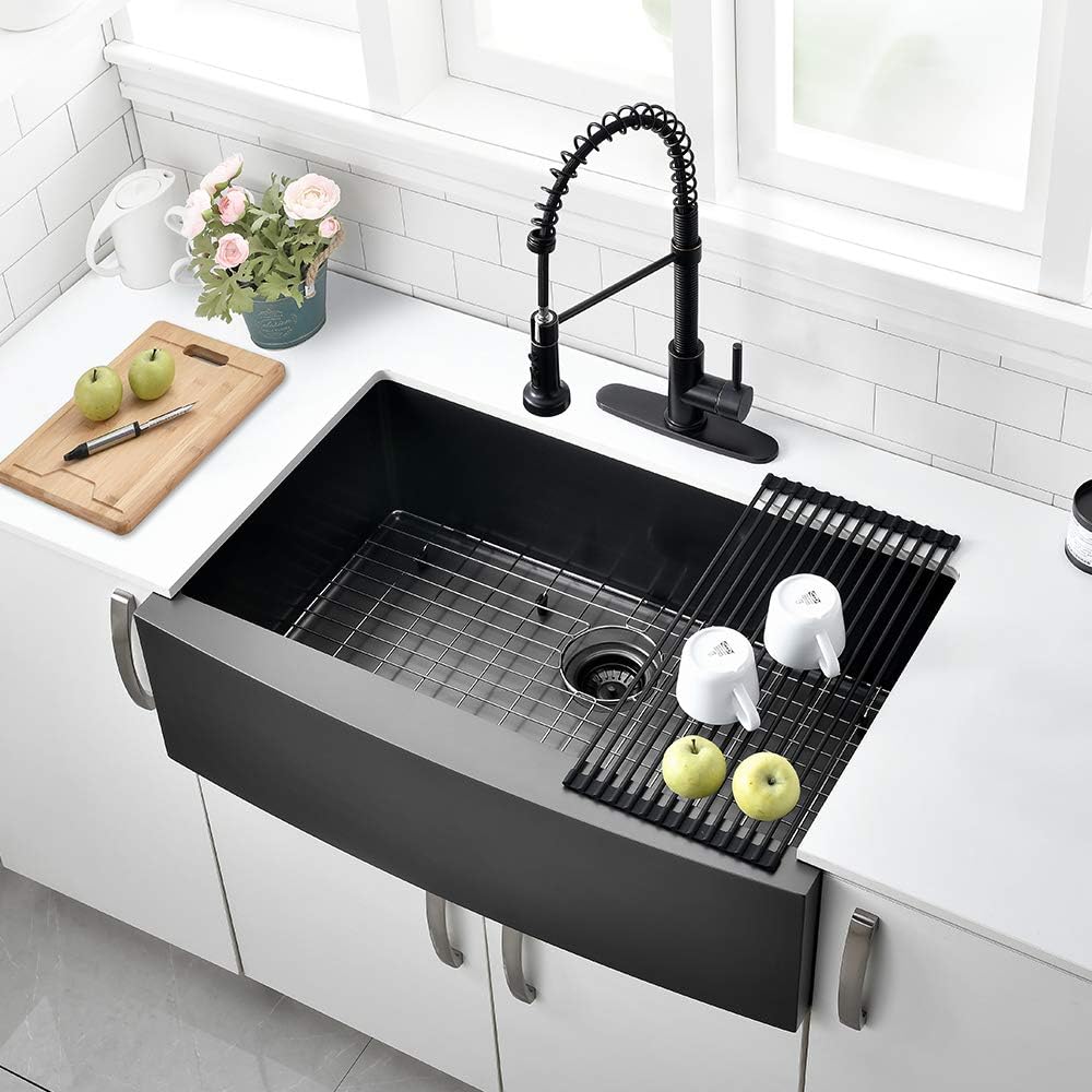 30 Inch Black Farmhouse Kitchen Sink - VOKIM 30 x 22 Apron Front Farmhouse Sink Stainless Stee 16 Gauge Farmhouse Apron Curved Front sink Single Bowl Kitchen Sink