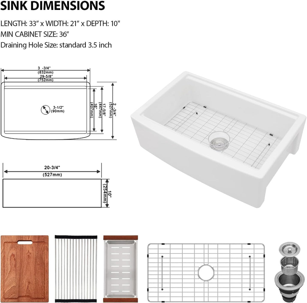 Lordear 33 Inch White Farmhouse Kitchen Sink – 33x21x10 Inch Fireclay Workstation Apron Front Single Bowl Porcelain Ceramic Farm Sinks