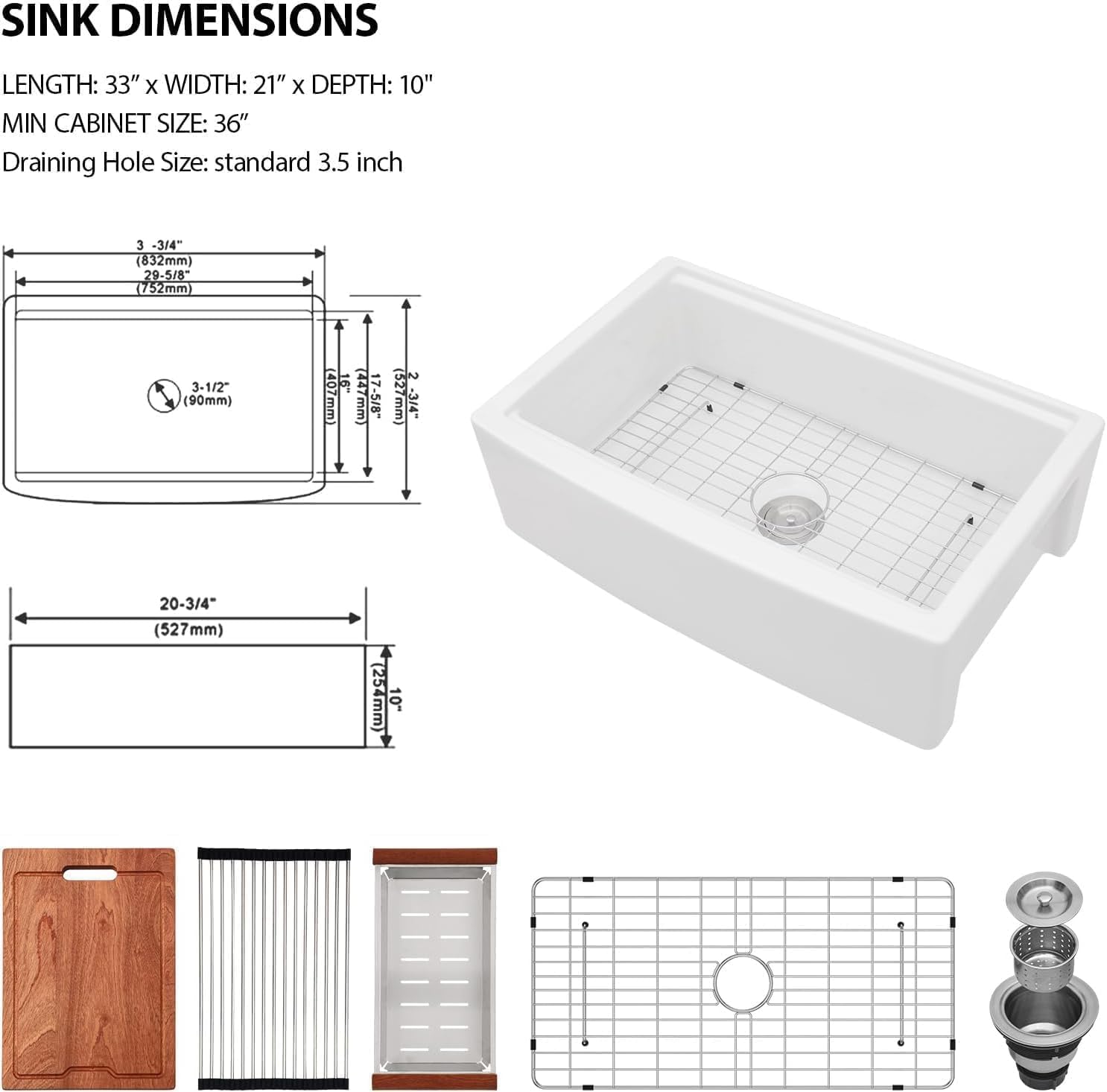 Lordear 33 Inch White Farmhouse Kitchen Sink – 33x21x10 Inch Fireclay Workstation Apron Front Single Bowl Porcelain Ceramic Farm Sinks