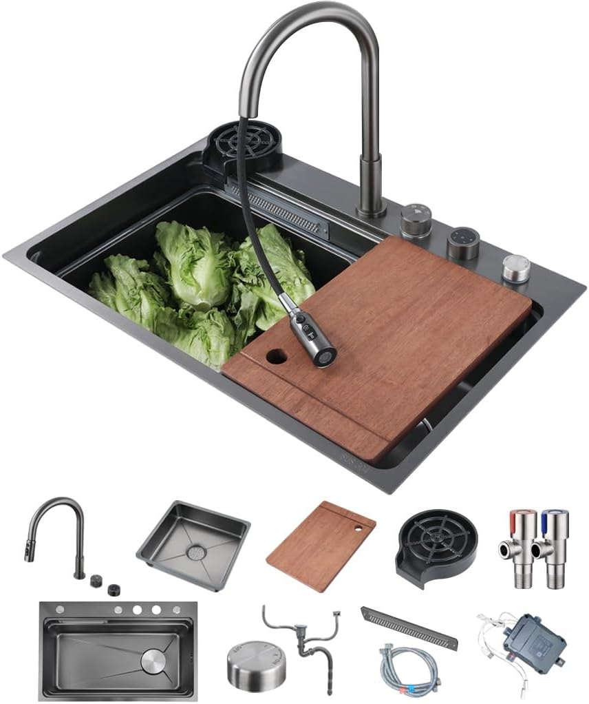 Stainless Steel Waterfall Kitchen Sink with Pull-Out Faucet Multi-Functional Single Bowl Bar Counter Kitchen Sink with Drain Basin Cutting Board and Cup Washer (Black 75x48x21cm)