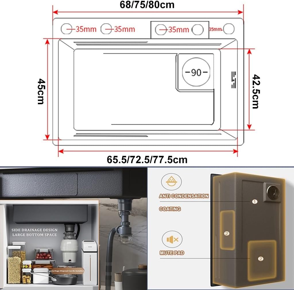 Stainless Steel Single-Bowl Kitchen Workstation Sink Nano-Coated Bar Sink with Pull-Out Faucet and Cup Washer Complete Accessory Set (Color : Black, Size : 75x45x22cm) (Black 68x45x22cm)