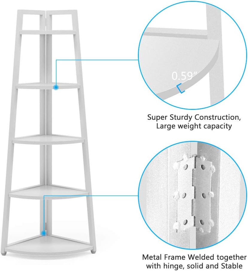 Tribesigns 70 inch Tall Corner Shelf, 5 Tier Modern Corner Bookshelf Bookcase Industrial Corner Ladder Shelf Plant Stand for Living Room, Kitchen, Home Office (White)