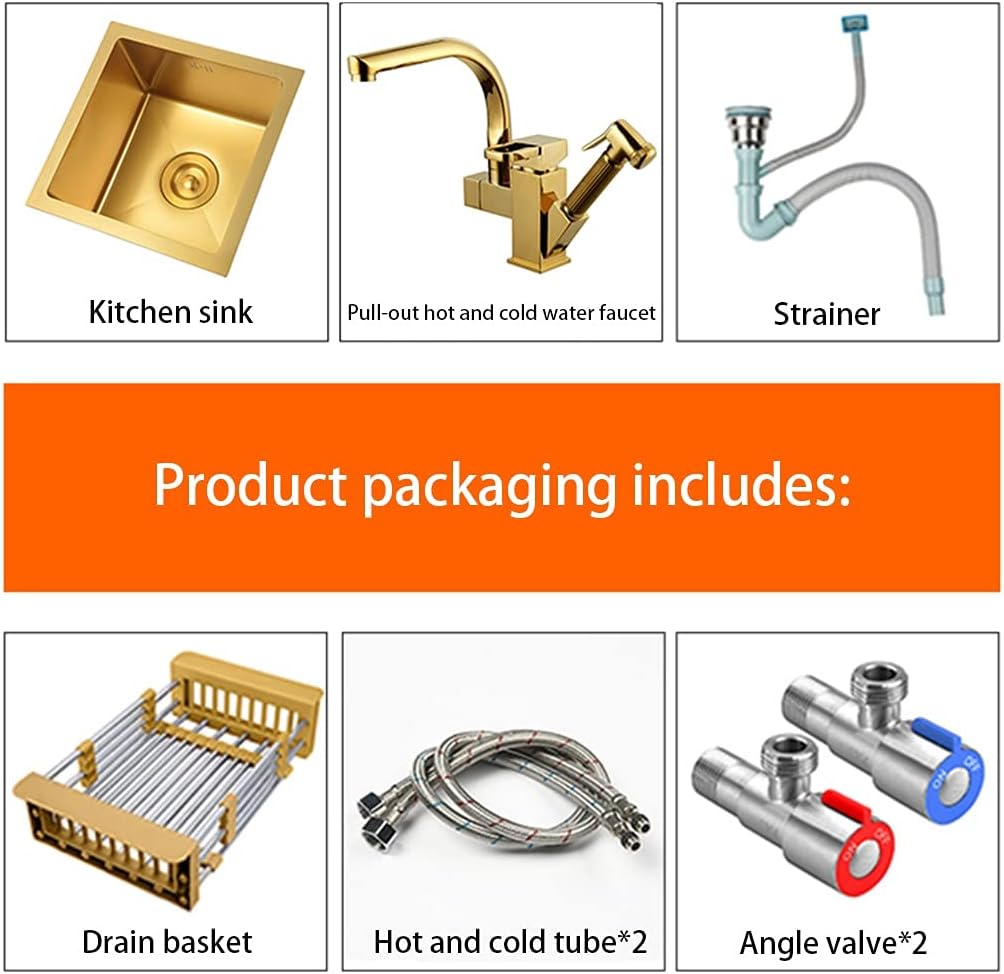 Kitchen Sink Single Bowl Bar Counter Preparation with Faucet and Drain Pipe Drop-in Or Undermountstainless Steel Metal Sink Kitchen Essentials (Color : Gold, Size : 38×38cm) (Gold 36×36cm)