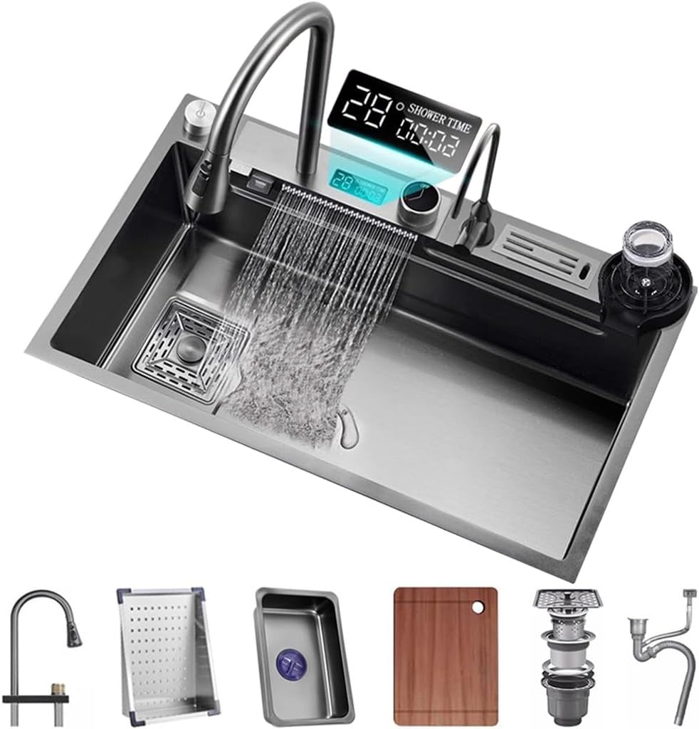 Generic Stainless Steel Single-Bowl Kitchen Sink Waterfall Design Workstation Sink with Multifunctional Digital Display Fly Rain Pull-Out Faucet and Sink Accessories (Color : Black, Size : 75x46x2