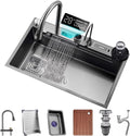 Generic Stainless Steel Single-Bowl Kitchen Sink Waterfall Design Workstation Sink with Multifunctional Digital Display Fly Rain Pull-Out Faucet and Sink Accessories (Color : Black, Size : 75x46x2