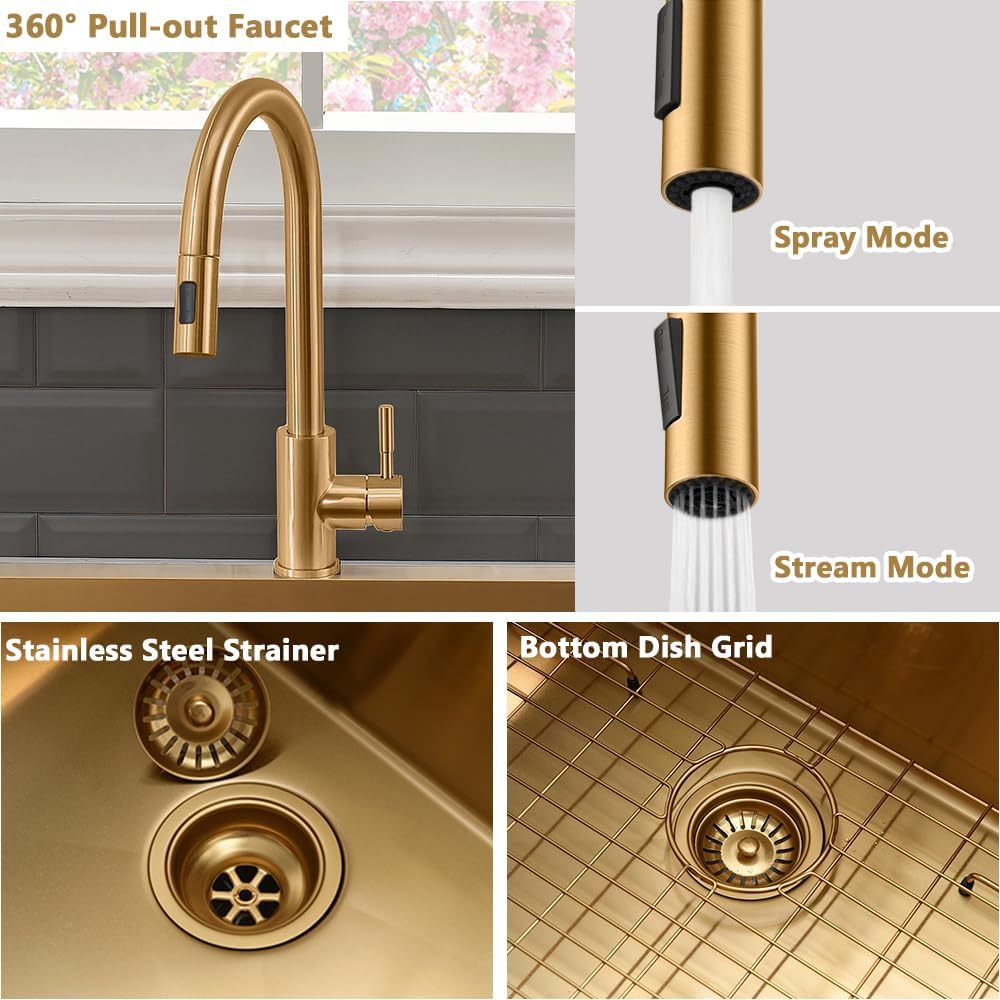 33 Inch Gold Drop In Kitchen Sink with Faucet Combo-VASOYO 33x22 Inch Gold Kitchen Sink with Faucet Combo Set Stainless Steel Deep Single Bowl Topmount Sinks and Faucets