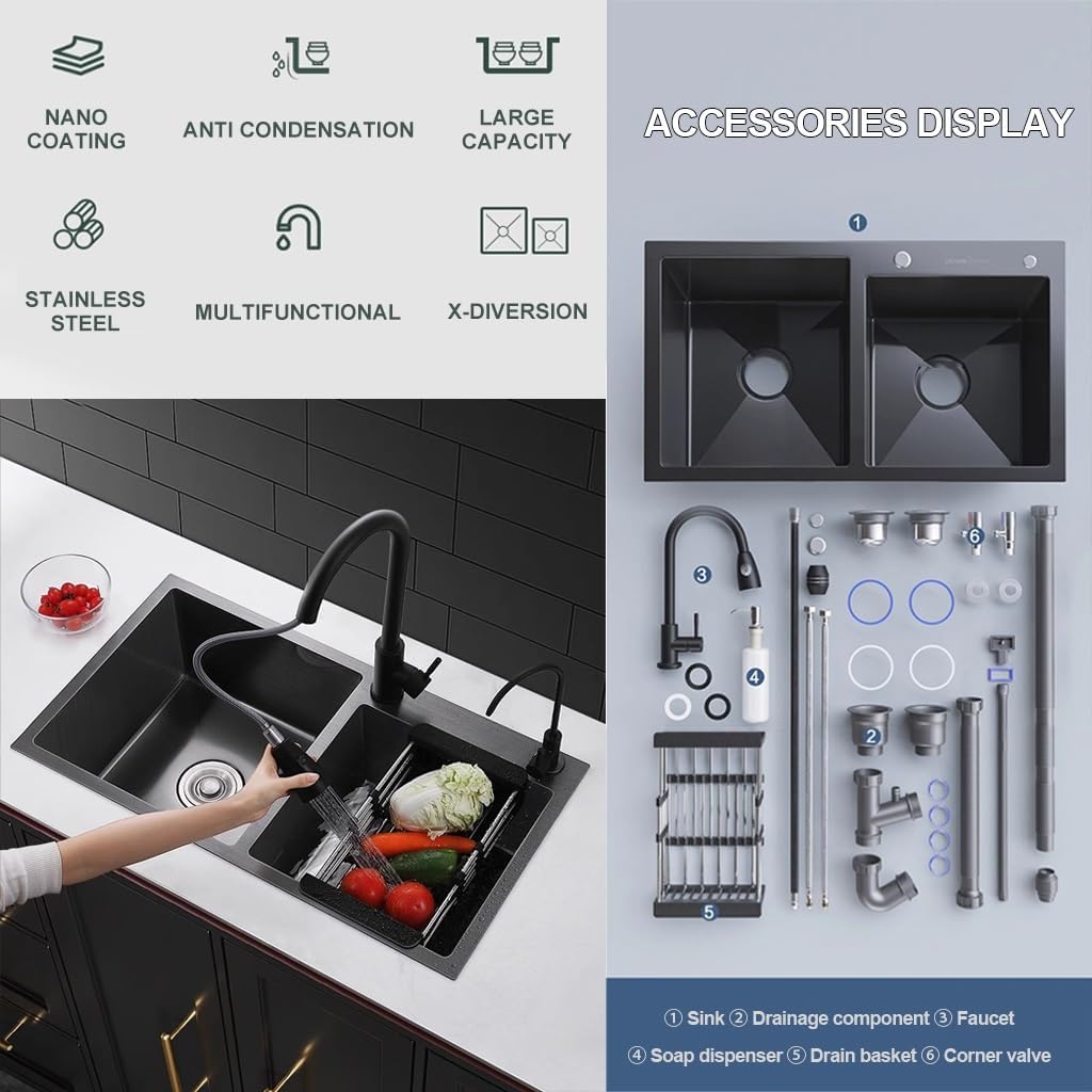 Stainless Steel Double Bowl Kitchen Workstation Sink with Pull-Out Faucet Multi-functional Bar Sink with and Complete Accessory Set Dual-Mount (Color : Black, Size : 80x45x21cm) (Black 72x40x21cm)