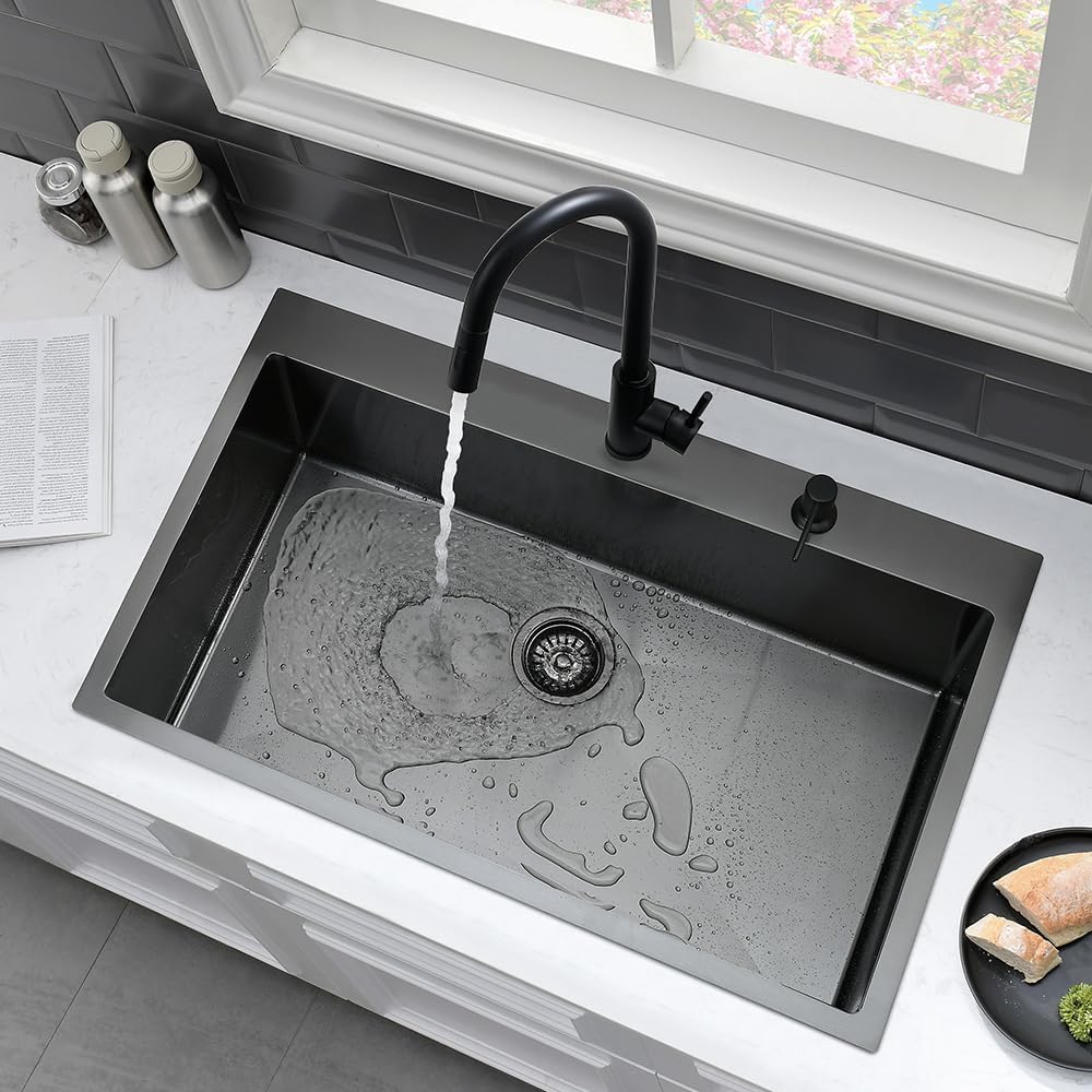 30 Inch Black Kitchen Sink Drop In-VASOYO 30x18 Black Stainless Steel Drop In Kitchen Sink Deep Single Basin Kitchen Sink Top Mount Kitchen Sinks with Faucet Combo
