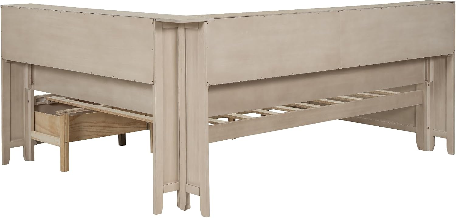 Merax Full Size Corner Bed Frame with 3 Drawers & Storage Shelves & Sliding Doors, Farmhouse Style Wood Platform Bed for Bedroom/Guest Room, No Box Spring Needed