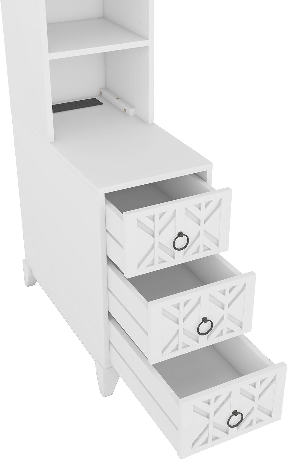 Mirightone Tall End Table with 3-Drawer and Shelves, Narrow Side Table with Charging Station, High Slim Corner Cabinet Bedside Table with Storage Bookcase for Living Room Bedroom, White