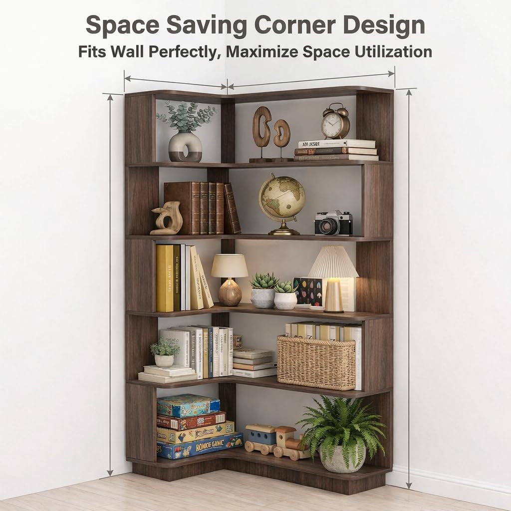 6 Tier Corner Bookshelf, Freestanding L-Shaped Wooden Bookcase with Open Shelves, Anti-Fall Panels and Anti-Tipping Device for Living Room, Home Office (Dark Brown with Right Extension)