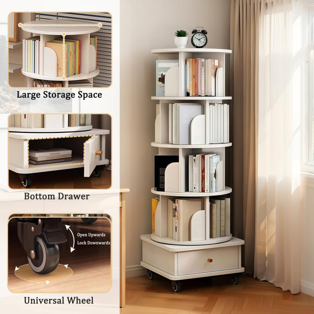 360° Rotating Bookshelf with Drawer and Wheels, 5 Tier Tall Bookcase for Small Spaces, Corner Shelf for Bedroom, Living Room, Office, Wood Bookshelf, White