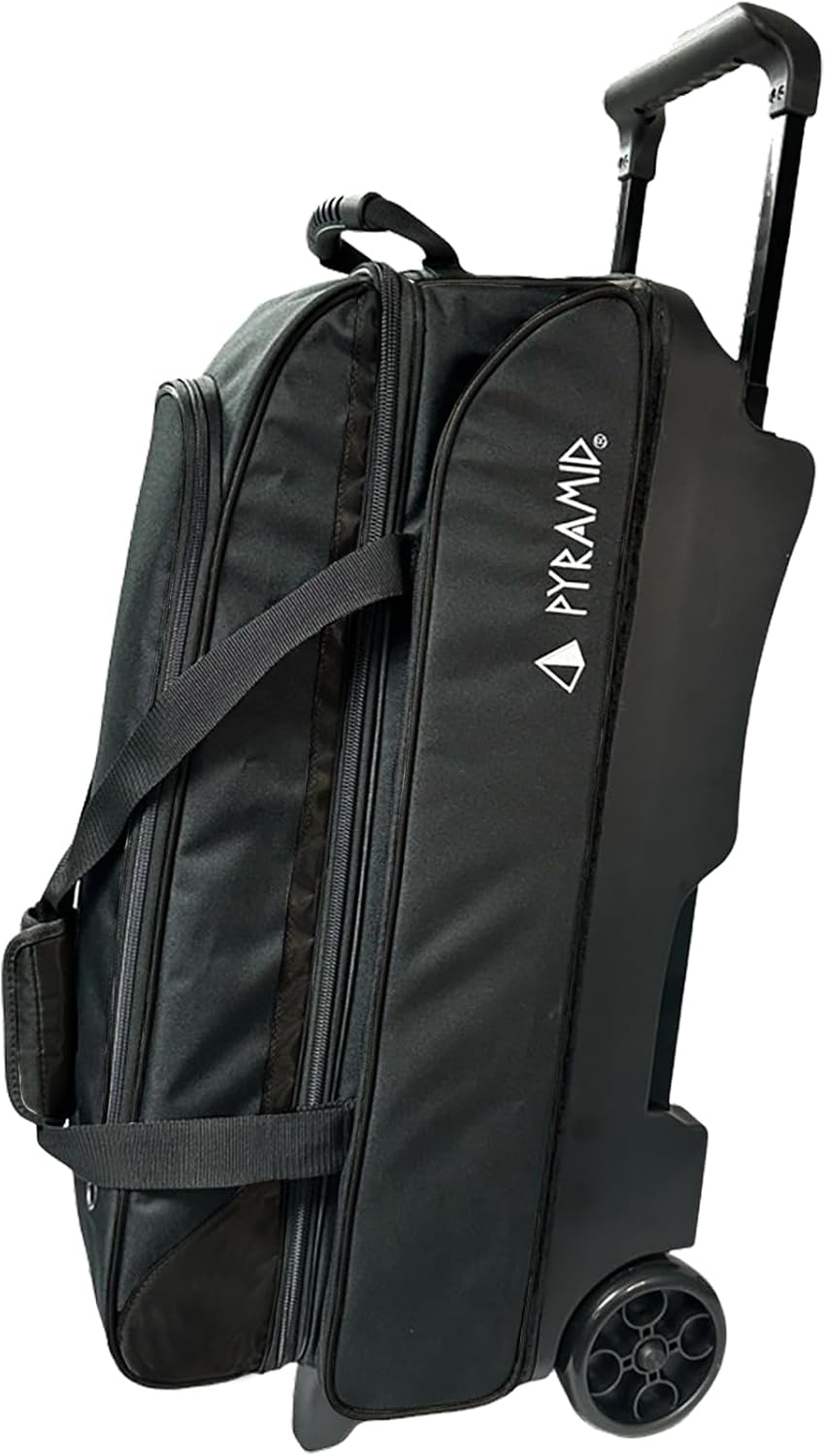 Pyramid Prime Triple Roller 3-Ball Bowling Bag with Extra Large Shoe Compartment (Fits Two Pairs of US Mens Size 15), Retractable Locking Handle (Extends to 41.5'), 1 Large Accessory Pocket, 5' Wheels