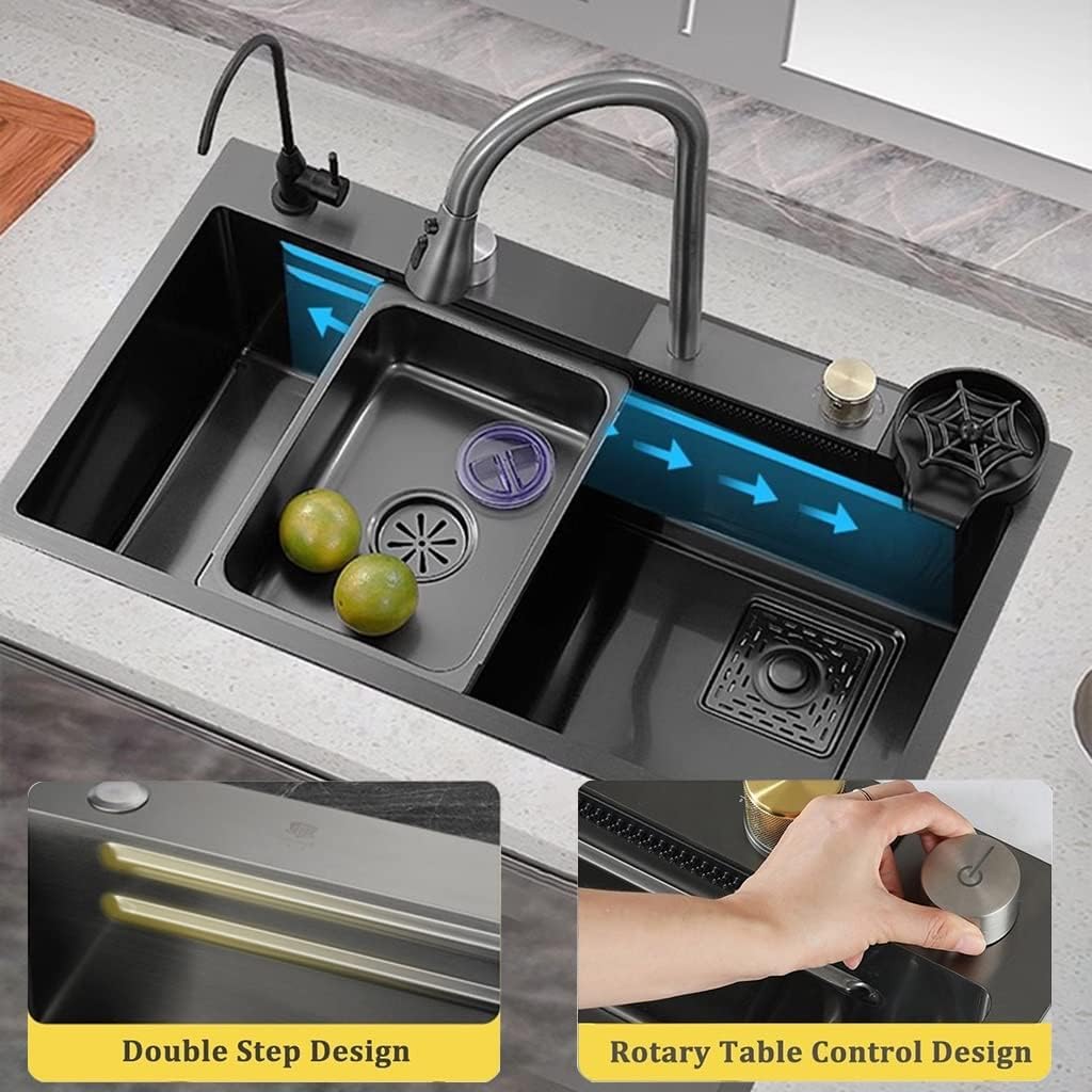Waterfall Kitchen Sink Single Bowl Stainless Steel Bar Sink with Pull-Out Faucet, Booster Cup Washer Chopping Board and Other Accessories (Color : Black, Size : 68x45x22cm) (Black 68x45x22cm)