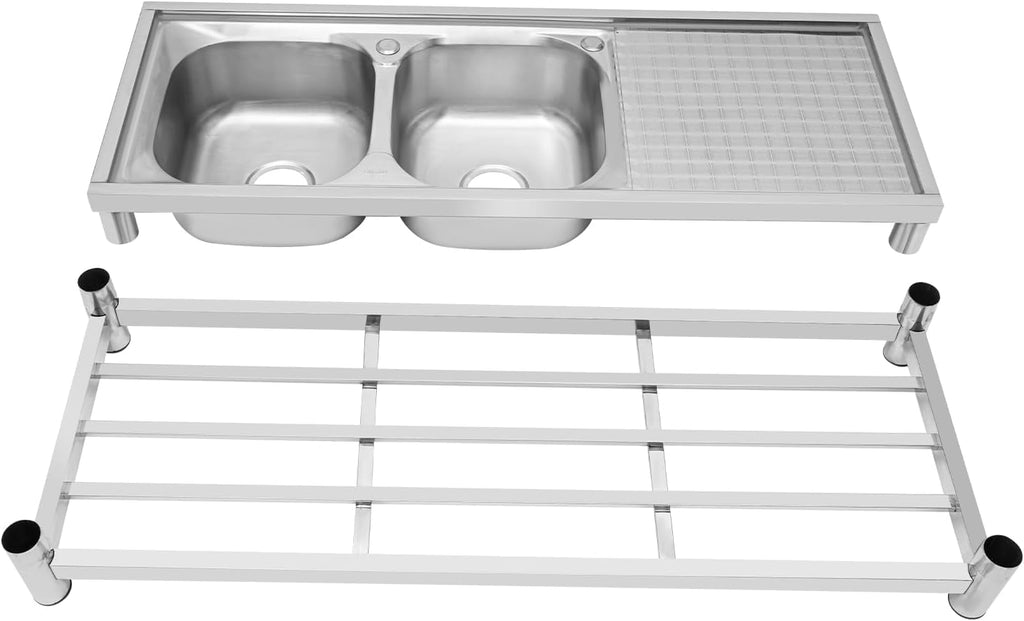 Free Standing Commercial Kitchen Sink Stainless Steel, Double Bowl Utility Sink with 2 360° Rotatable Faucet and Water Pipes Restaurant Outdoor Utility Sink Left Dual-Bowl (47x17.7x31.5in)