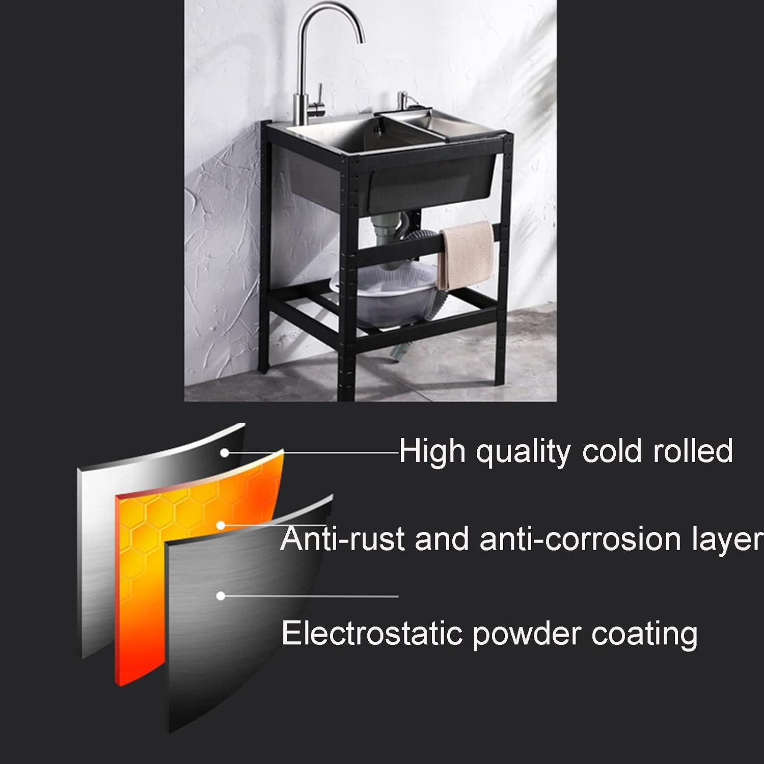 Movable Stainless Steel Kitchen Sink, Commercial 304 Stainless Steel Single Sink Bowl Restaurant Table Utility Sink Washing Hand Basin W/Faucet for Indoor Outdoor (Size : with Faucet) (with fauc