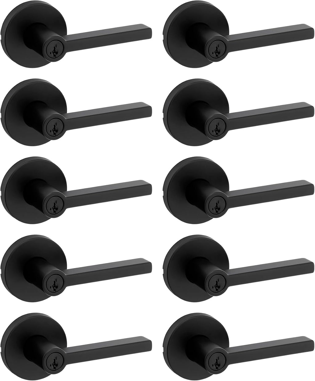 Kwikset Halifax Entry Door Handle with Lock and Key, Secure Keyed Reversible Lever Exterior, for Front Entrance and Bedrooms, Matte Black, 10 Pack, Pick Resistant SmartKey Rekey Security and Microban
