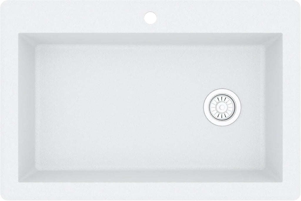 Karran QT-670 Drop-In/Top Mount 33' Single Bowl Granite Quartz Composite Kitchen Sink in White – Right Side Drain, Extra Deep 9' Basin, Heat & Scratch Resistant, Sound Dampening
