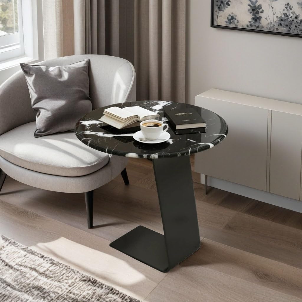 25.5-Inch High C-Shaped End Table with Marble Top & Black Metal Frame, Modern Space-Saving Sofa Side Table for Living Room, Bedroom, Small Spaces(C)