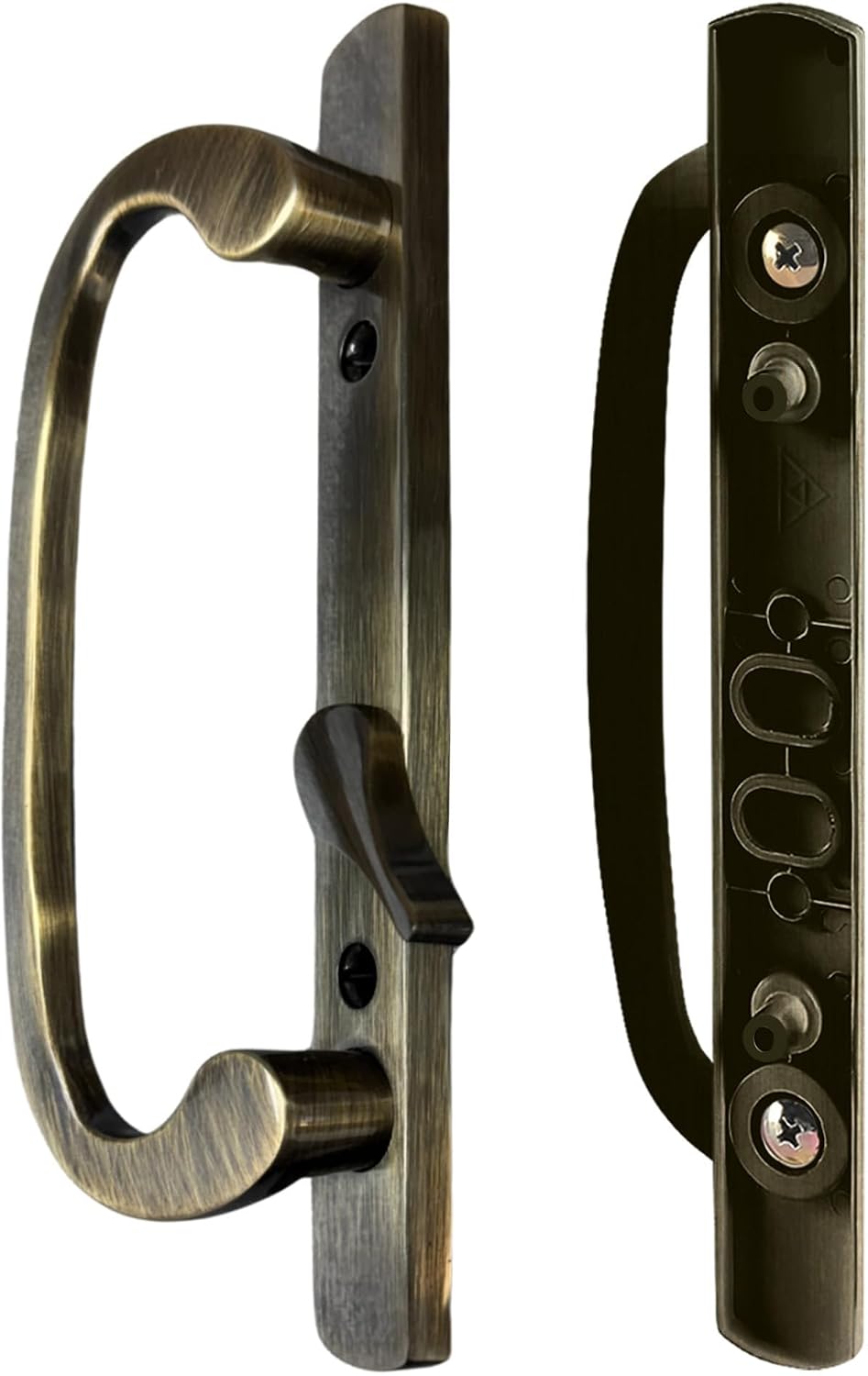 Sliding Patio Glass Door Handle Set, 3-15/16 in. Screw Spacing, Antique Brass Offset Latch Replacement, No Mortise Lock Included, Fits 1-1/4 in. to 2-1/4 in. Doors