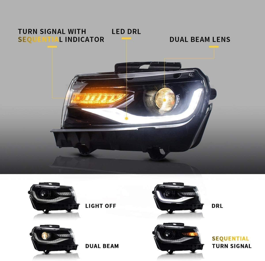 VLAND Projector LED Headlights & D2H Xenon Bulbs Compatible for [Chevy Camaro 5th Gen 2014 2015] with Sequential Turn Signal, Dual Beam Lens, Full LED DRL Bars YAA-CMR-0285 (Driver & Passenger Sides)