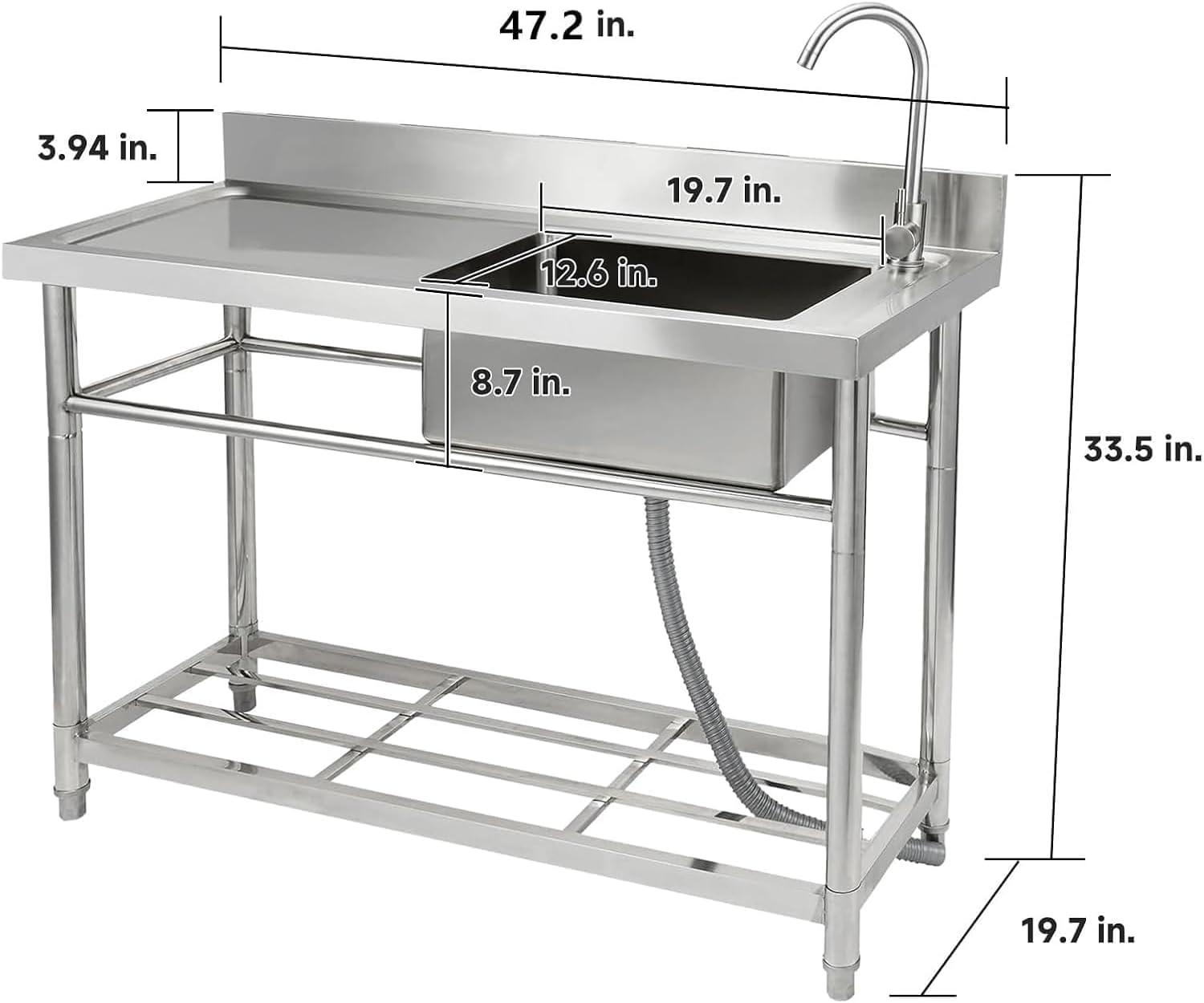 47x20x37 Inch Commercial Stainless Steel Utility basin - Single Compartment with Faucet & Base Frame, Adjustable Legs & Storage Shelf, Freestanding Prep basin for Kitchen or Garage