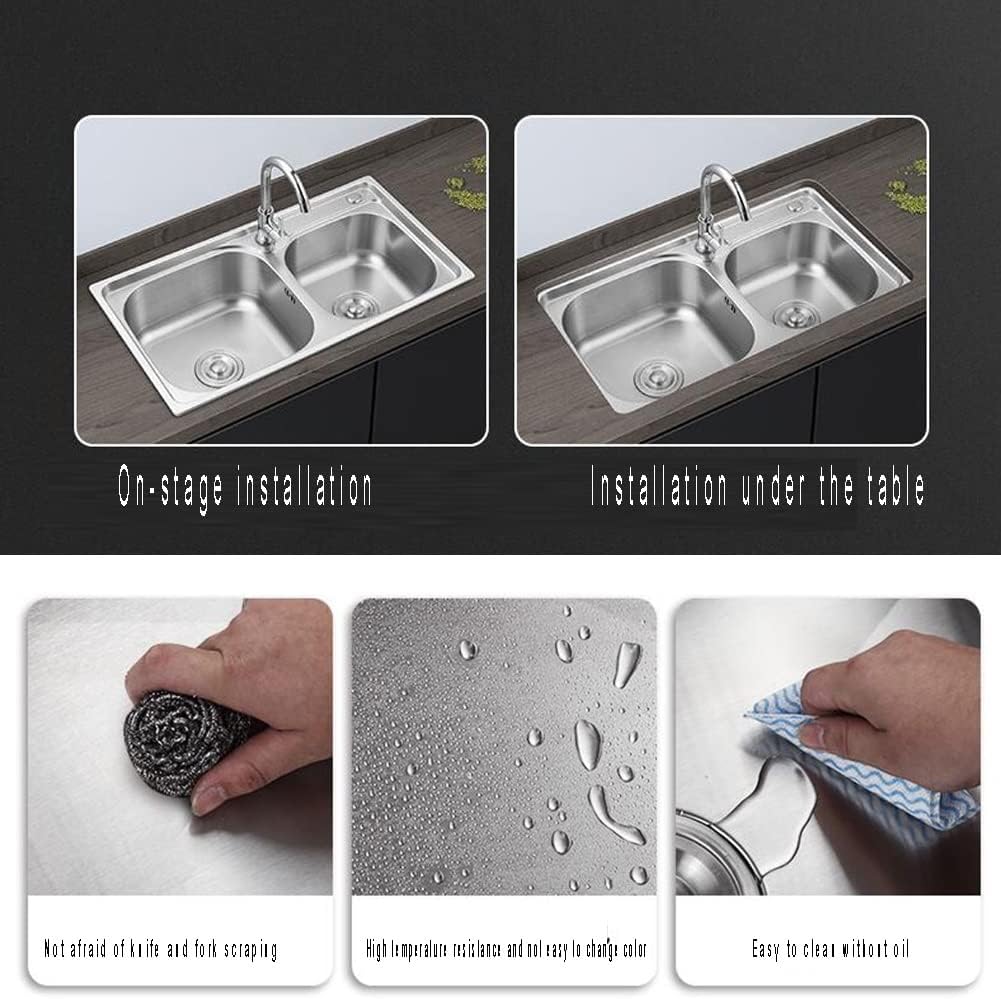 Double Bowl 304 Stainless Steel Kitchen Sink, Handmade Bar Prep Sink with Strainer, Top-Mount/Drop-in Workstation Sink (Color : Silver-A, Size : 75x40cm) (SilverD 68x38cm)