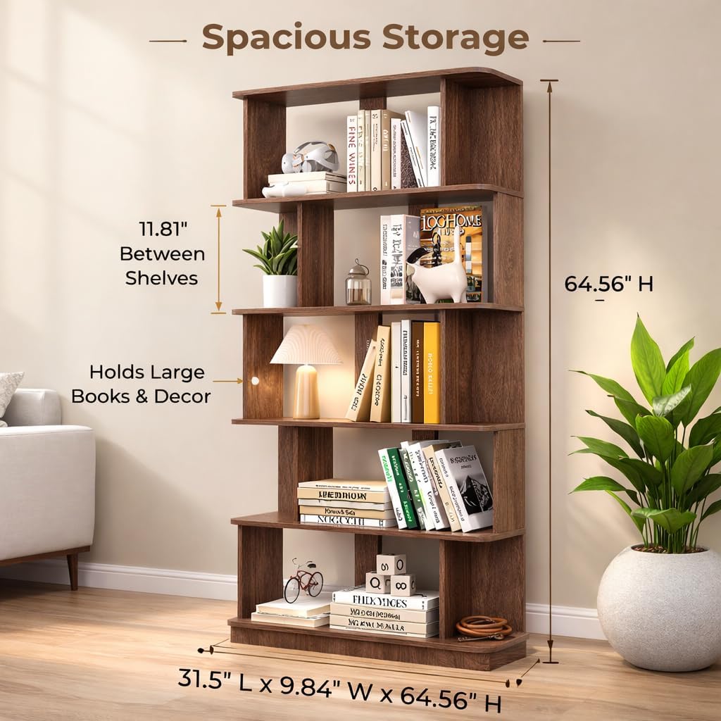 5-Tier Tall Bookshelf, Narrow Wood Bookcase, Dark Brown | 64.56' freestanding open display shelf for books, décor, and storage in living rooms, bedrooms, or home offices