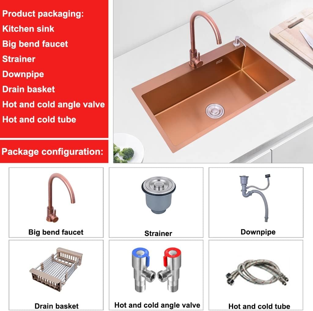 Kitchen Sink Single Bowl Stainless Steel Bar Or Prep with A Big Bend Faucet & Drainage Components Top Mount Or Undermount (Color : Rose Gold, Size : 68x45x21cm) (Rose Gold 60x45x21cm)