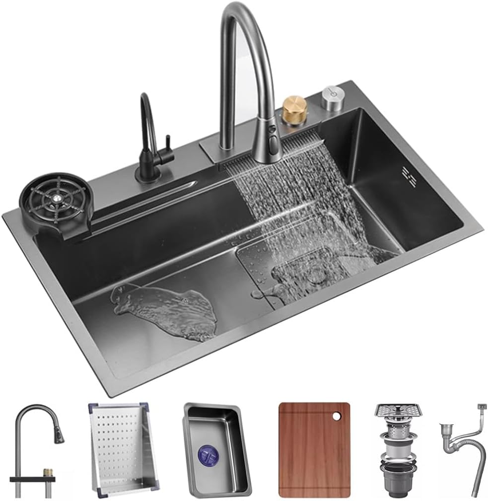 304 Stainless Steel Kitchen Sink Single Bowl Bar Sink Waterfall Pull-Down Faucet and Complete Accessory Set Dual-Mount (Color : Black, Size : 80x45x22cm) (Black 80x45x22cm)