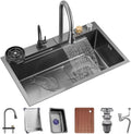 304 Stainless Steel Kitchen Sink Single Bowl Bar Sink Waterfall Pull-Down Faucet and Complete Accessory Set Dual-Mount (Color : Black, Size : 80x45x22cm) (Black 80x45x22cm)