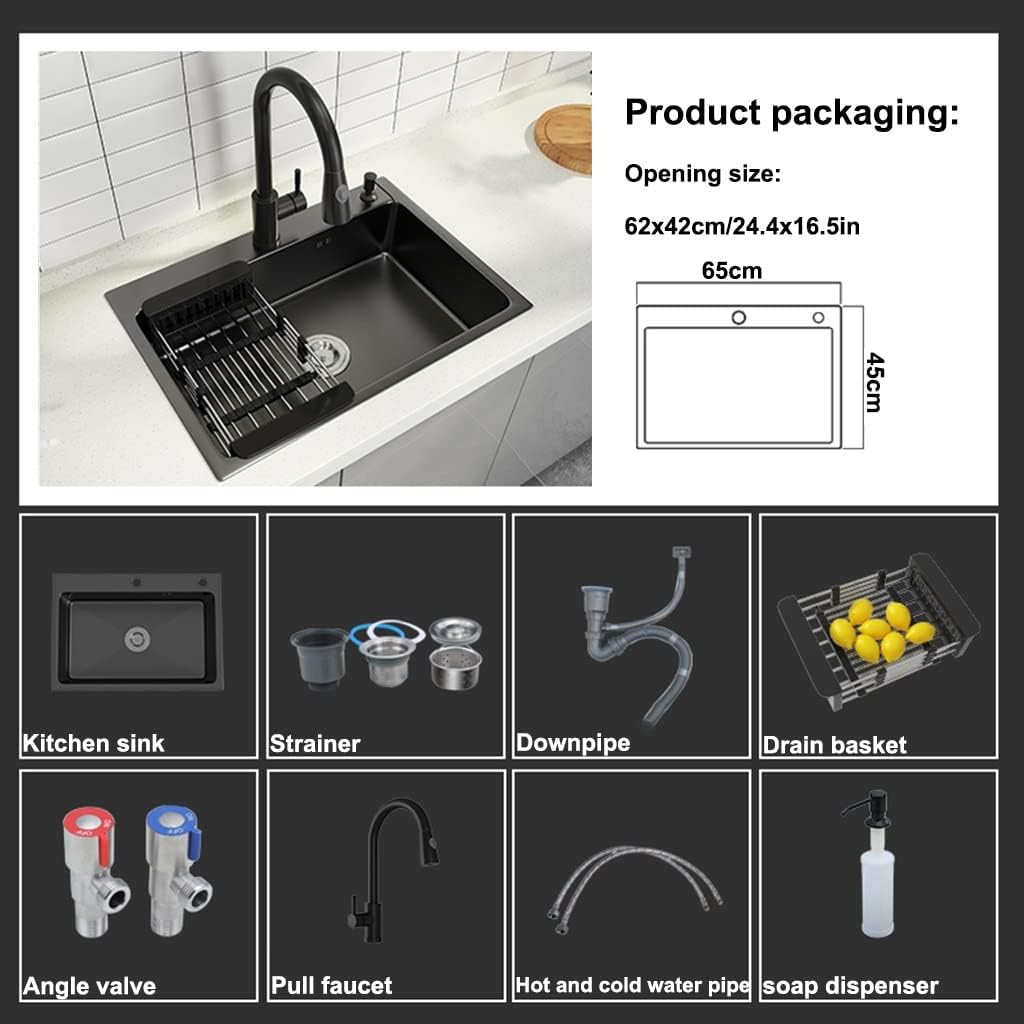 Kitchen Sink Single Bowl Bar Prep Black Nano Stainless Steel RV Sink Wet Bar & Prep Sink with Pull Out Faucet & Drain Top Mount Or Undermount (Color : Black, Size : 68x45x22cm) (Black 65x45x22cm)