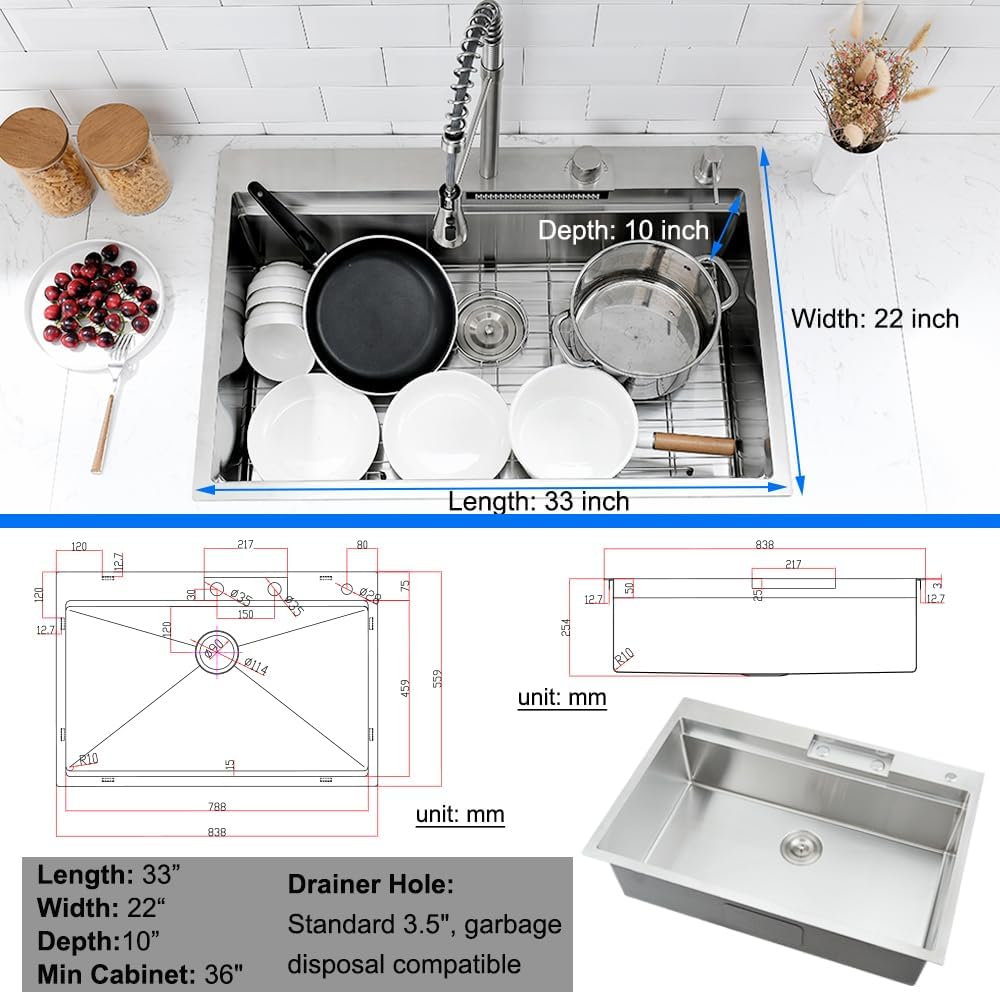 33 Inch Drop In Waterfall Kitchen Sink, 33x22 Drop in Kitchen Sink with Faucet Workstation Kitchen Sink 16 Gauge Stainless Steel Single Bowl Multifunctional Modern Kitchen Sink