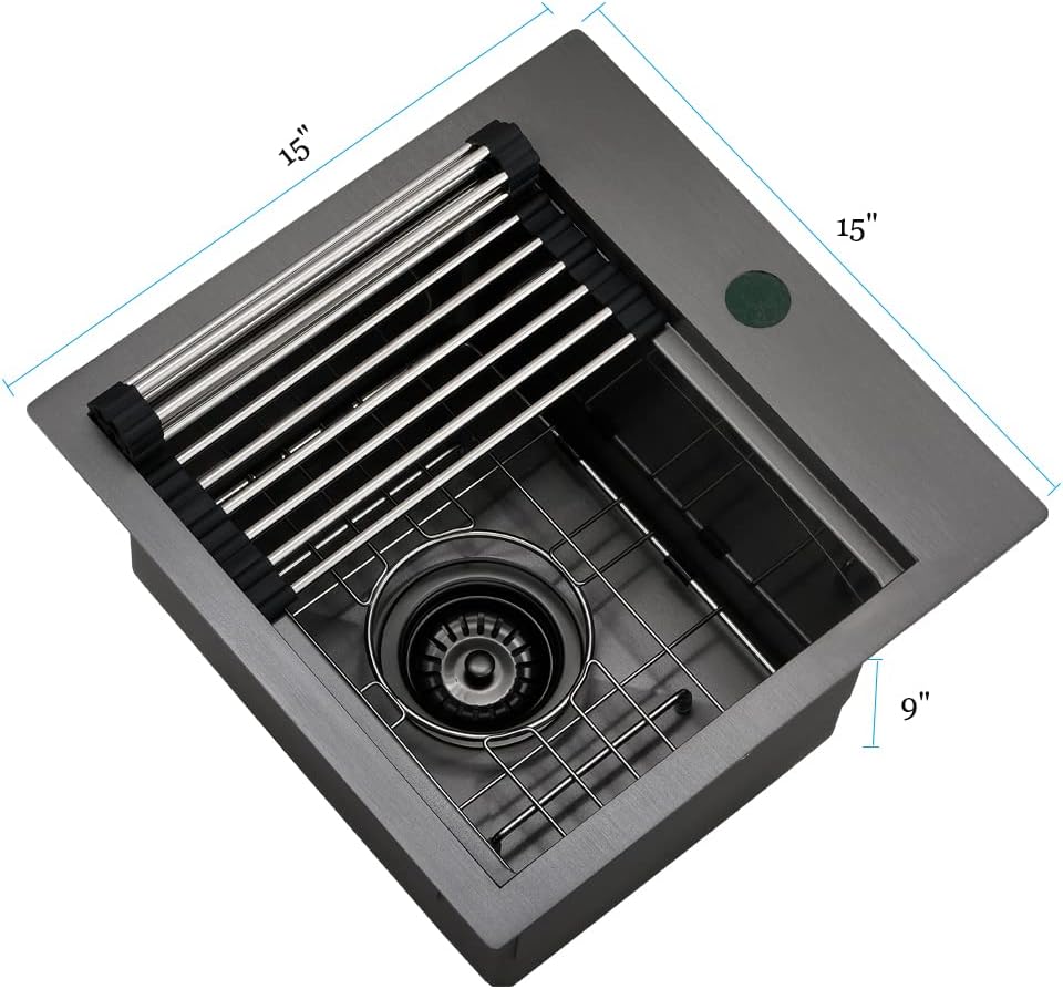 Drop In Bar Sink Black-Bokaiya 15x15 Inch Small Drop In Kitchen Sink Stainless Steel Wet Bar Outdoor Sink 16 Gauge Top Mount Single Bowl Basin with Cutting Board